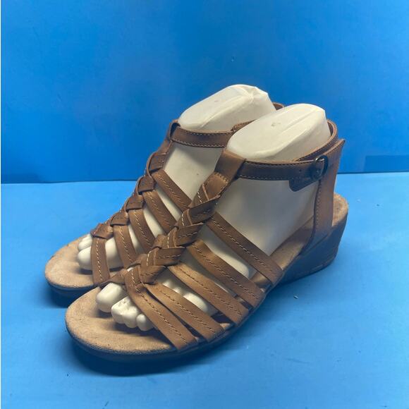 YUU Memory Foam Hilly Tan Ankle Strappy Wedge Sandals Women's Size 8 M - Picture 1 of 13